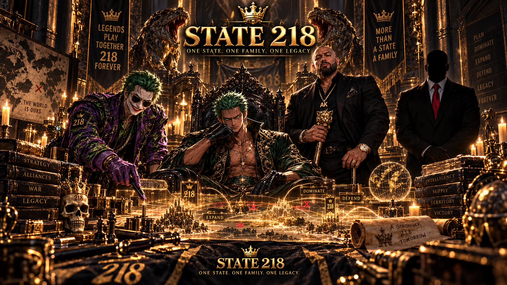 State 218 community artwork showing a large alliance gathering under gold banners
