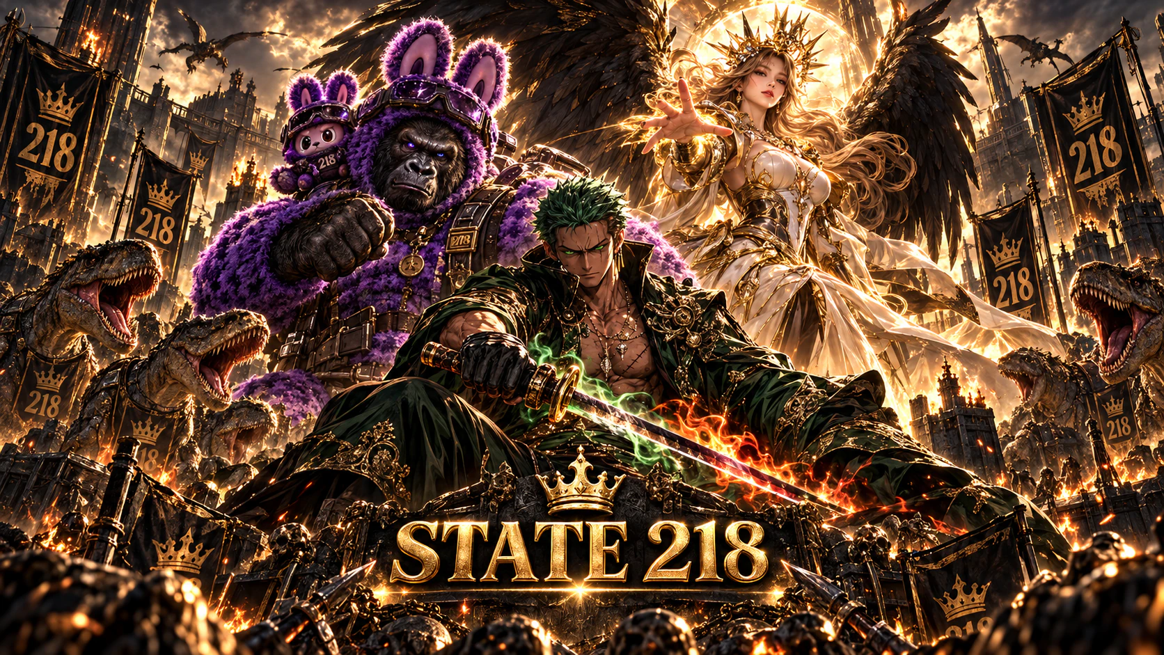 State 218 artwork showing defenders and banners around a burning fortress