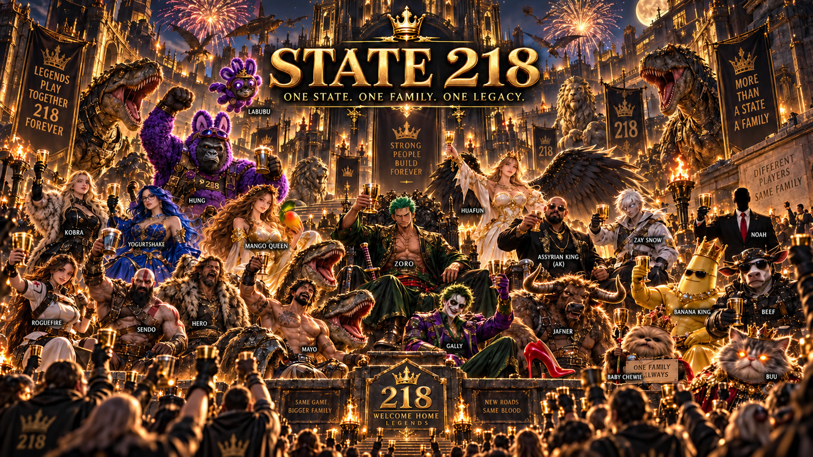 State 218 community celebration artwork with members gathered before the State 218 crest